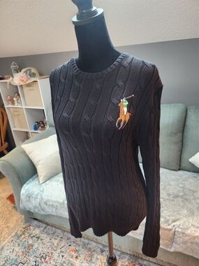 Ralph Lauren Women’s Black Cable-Knit Polo Player Sweater Size Large 100% Cotton